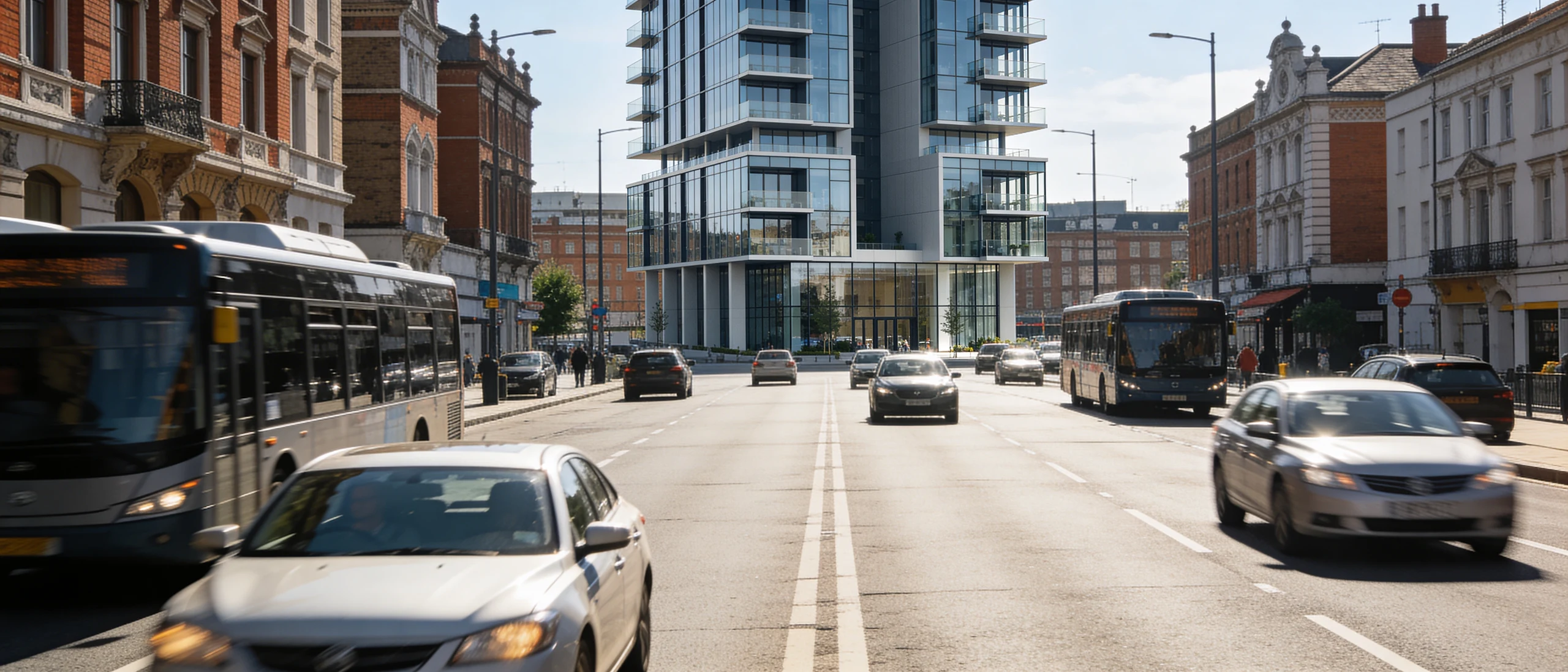 Dynamic Urban Avenue with Street Life and Contemporary High-Rise